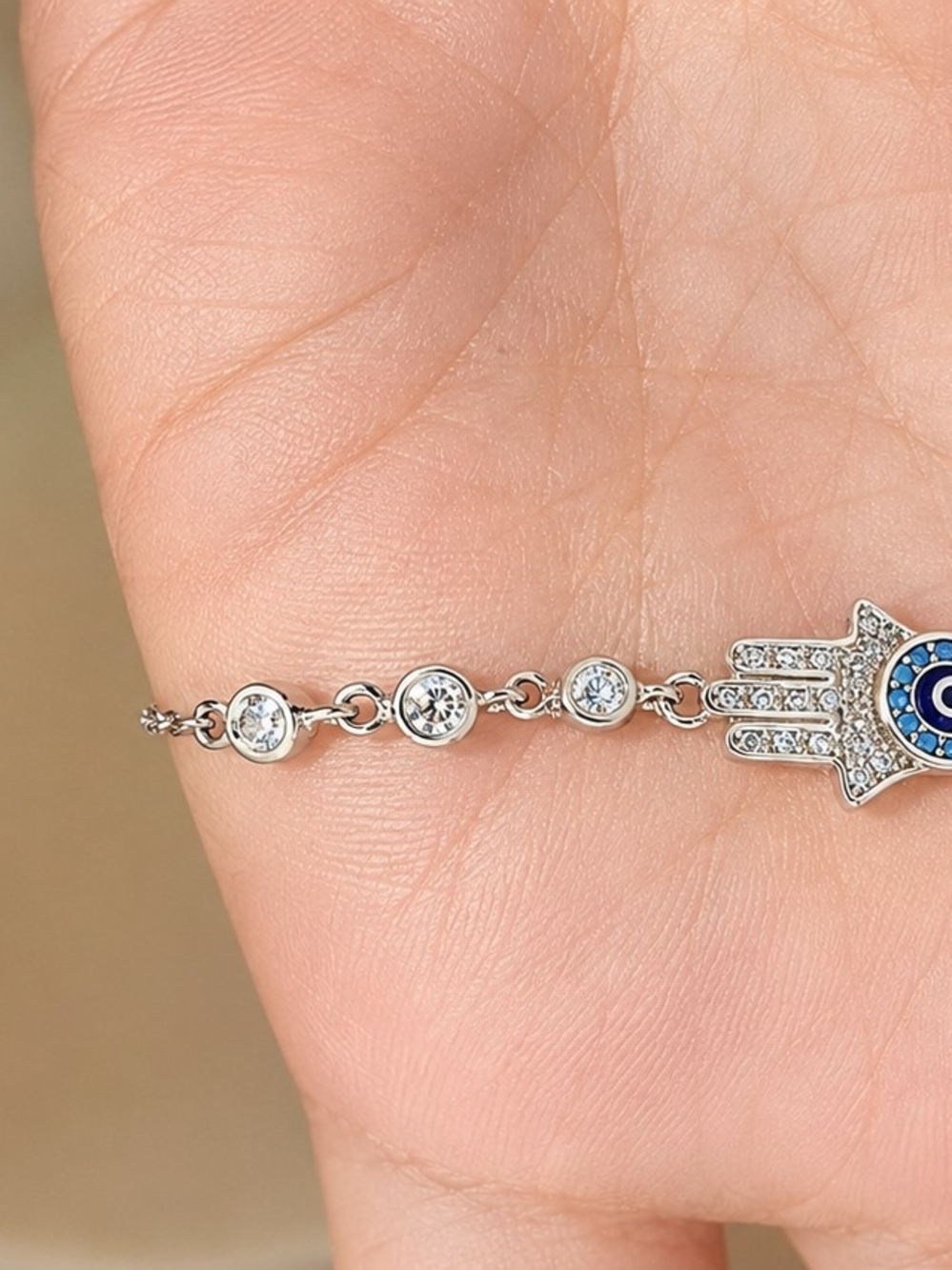 Sterling Silver 925 Hamsa Bracelet with Blue Evil Eye Accent